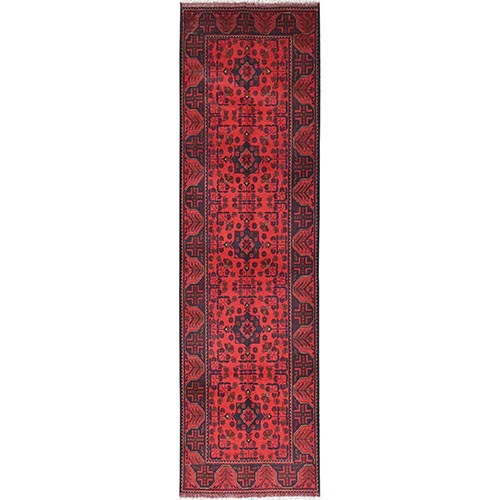 Imperial Red, Afghan Andkhoy with Geometric Patterns, Soft Wool, Hand Knotted, Runner Oriental Rug