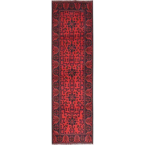 Imperial Red, Afghan Andkhoy with Geometric Patterns, Extra Soft Wool, Hand Knotted, Runner Oriental Rug