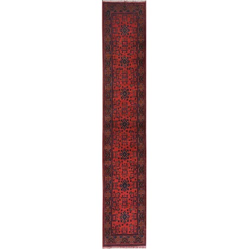 Imperial Red, Afghan Andkhoy with Geometric Patterns, 100% Wool, Hand Knotted, XL Runner Oriental Rug