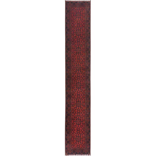 Imperial Red, Afghan Andkhoy with Geometric Patterns, Pure Wool, Hand Knotted, XL Runner Oriental Rug