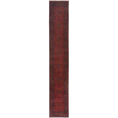 Ruby Red, Afghan Andkhoy with Geometric Pattern, Organic Wool Hand Knotted, Runner Oriental 