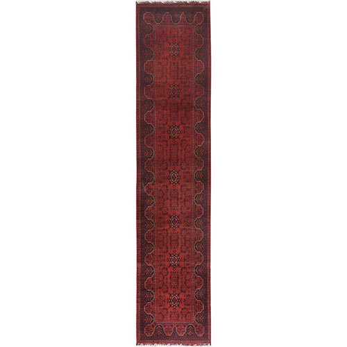 Scarlet Red, Afghan Andkhoy with Geometric Pattern, Extra Soft Wool Hand Knotted, Runner Oriental 
