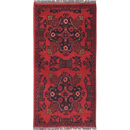 Crimson Red, Afghan Andkhoy with Geometric Pattern, Soft Wool Hand Knotted, Oriental Rug
