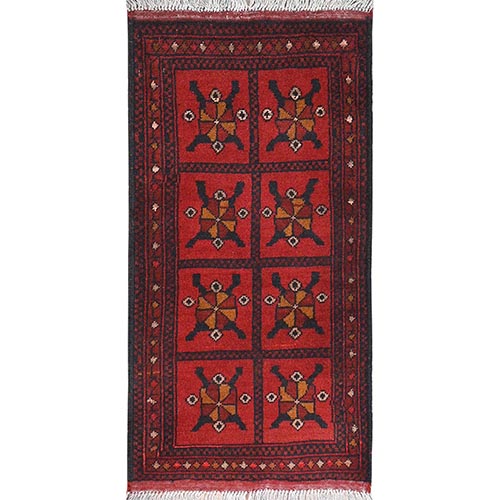 Cherry Red, Afghan Andkhoy with Geometric Pattern, Extra Soft Wool Hand Knotted, Oriental 
