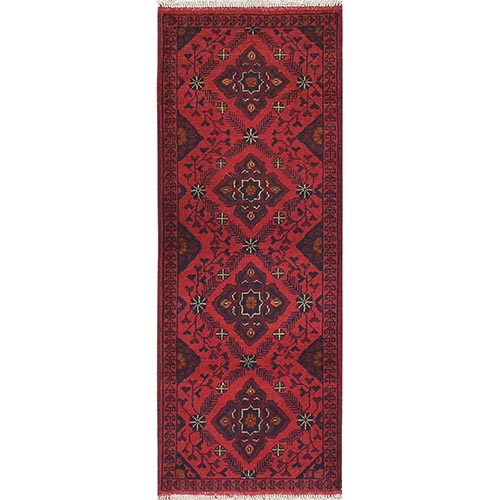 Apple Red, Afghan Andkhoy with Geometric Pattern, Natural Wool Hand Knotted, Oriental Rug