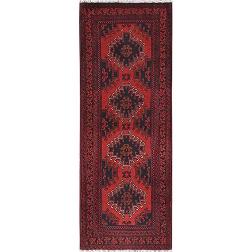 Barn Red Afghan Andkhoy with Geometric Pattern, 100% Wool Hand Knotted, Oriental 