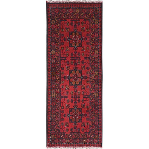 Ruby Red, Afghan Andkhoy with Geometric Pattern, Pure Wool Hand Knotted, Oriental Rug