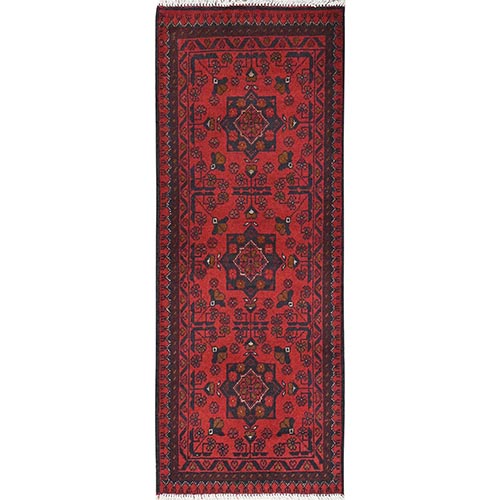 Scarlet Red, Afghan Andkhoy with Geometric Pattern, Organic Wool Hand Knotted, Oriental Rug
