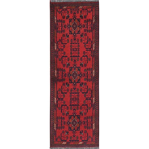 Cherry Red, Afghan Andkhoy with Geometric Pattern, Pure Wool Hand Knotted, Oriental Rug