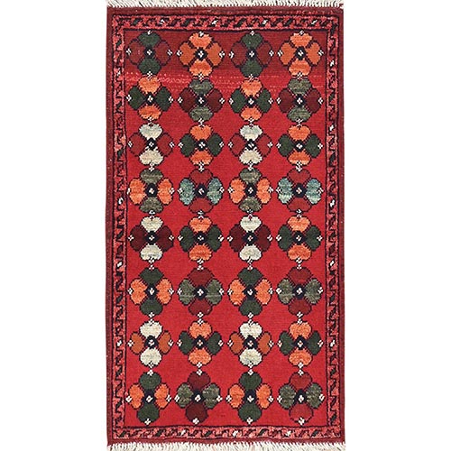 Apple Red, Afghan Andkhoy with Geometric Pattern, Soft Wool Hand Knotted, Oriental Rug