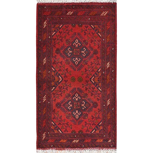 Scarlet Red, Afghan Andkhoy with Geometric Pattern, Extra Soft Wool Hand Knotted, Oriental Rug