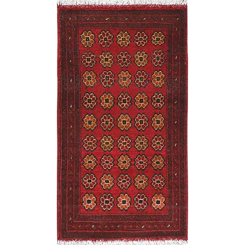 Crimson Red, Afghan Andkhoy with Elephant Feet Design, Natural Wool Hand Knotted, Oriental Rug