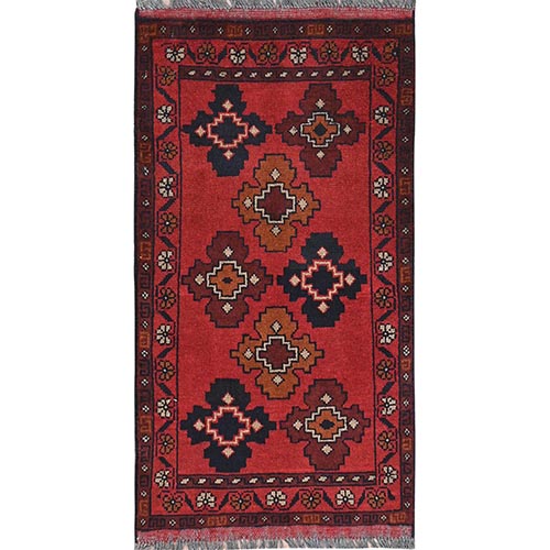 Cherry Red, Afghan Andkhoy with Geometric Pattern, Organic Wool Hand Knotted, Oriental Rug