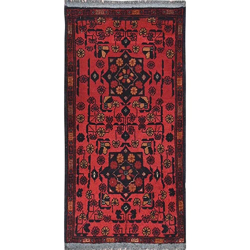 Apple Red, Afghan Andkhoy with Geometric Pattern, 100% Wool Hand Knotted, Mat, Oriental Rug