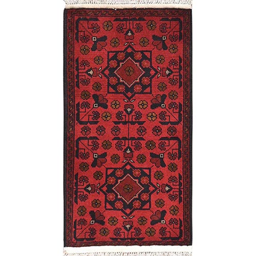 Scarlet Red, Afghan Andkhoy with Geometric Pattern, Pure Wool Hand Knotted, Oriental Rug