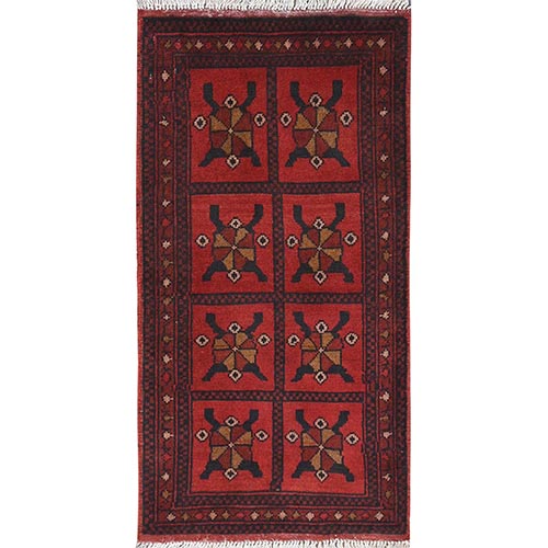 Crimson Red, Afghan Andkhoy with Geometric Pattern, Soft Wool Hand Knotted, Oriental Rug
