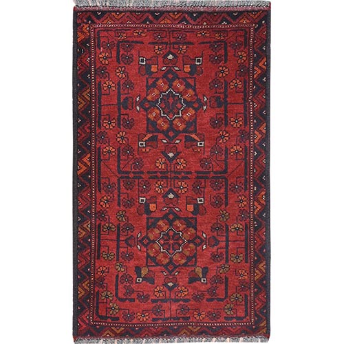 Cherry Red, Afghan Andkhoy with Geometric Pattern, Extra Soft Wool Hand Knotted, Oriental Rug
