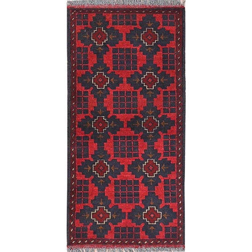 Crimson Red, Afghan Andkhoy with Geometric Motif, Organic Wool, Hand Knotted Oriental Rug