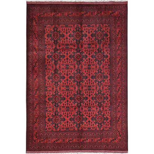Crimson Red, Afghan Andkhoy with Tribal Design, Extra Soft Wool Hand Knotted Oriental Rug