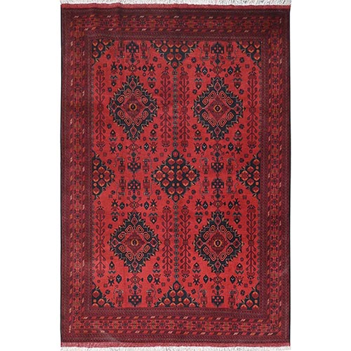 Crimson Red, Afghan Andkhoy with Geometric Motif, Natural Wool, Hand Knotted Oriental Rug