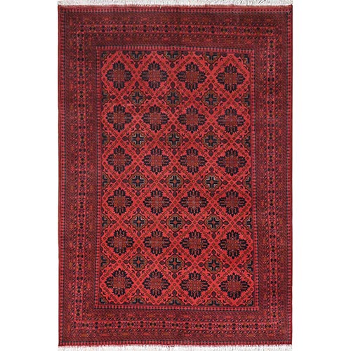 Apple Red, Afghan Andkhoy with Geometric Pattern, Organic Wool Hand Knotted Oriental Rug