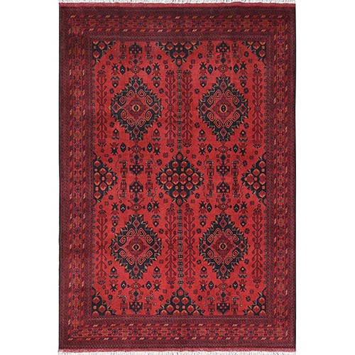Crimson Red, Afghan Andkhoy with Geometric Pattern, 100% Wool, Hand Knotted Oriental Rug