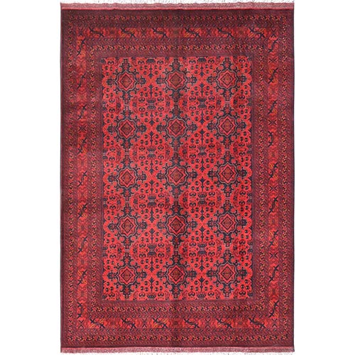 Crimson Red, Afghan Andkhoy with Tribal Design, Pure Wool, Hand Knotted Oriental Rug