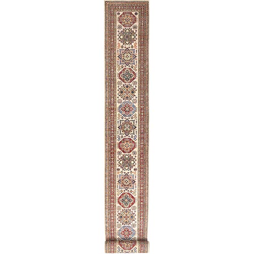 Pearl White, Afghan Super Kazak with Geometric Medallion Design, Natural Dyes, Dense Weave, Pure Wool, XL Runner Oriental 